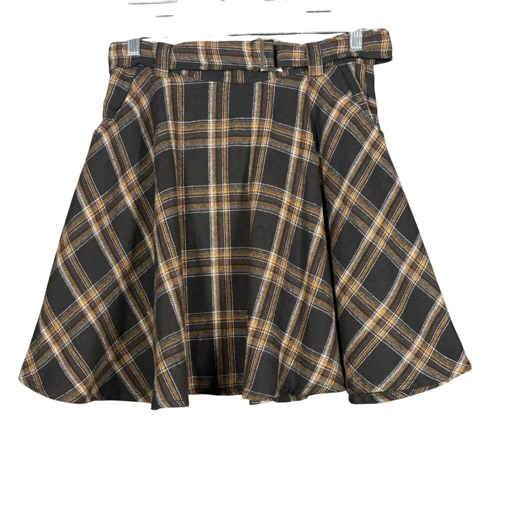 ROMWE Brown Plaid Belted Skater Mini Skirt Womens Size M US 6 High Waisted
